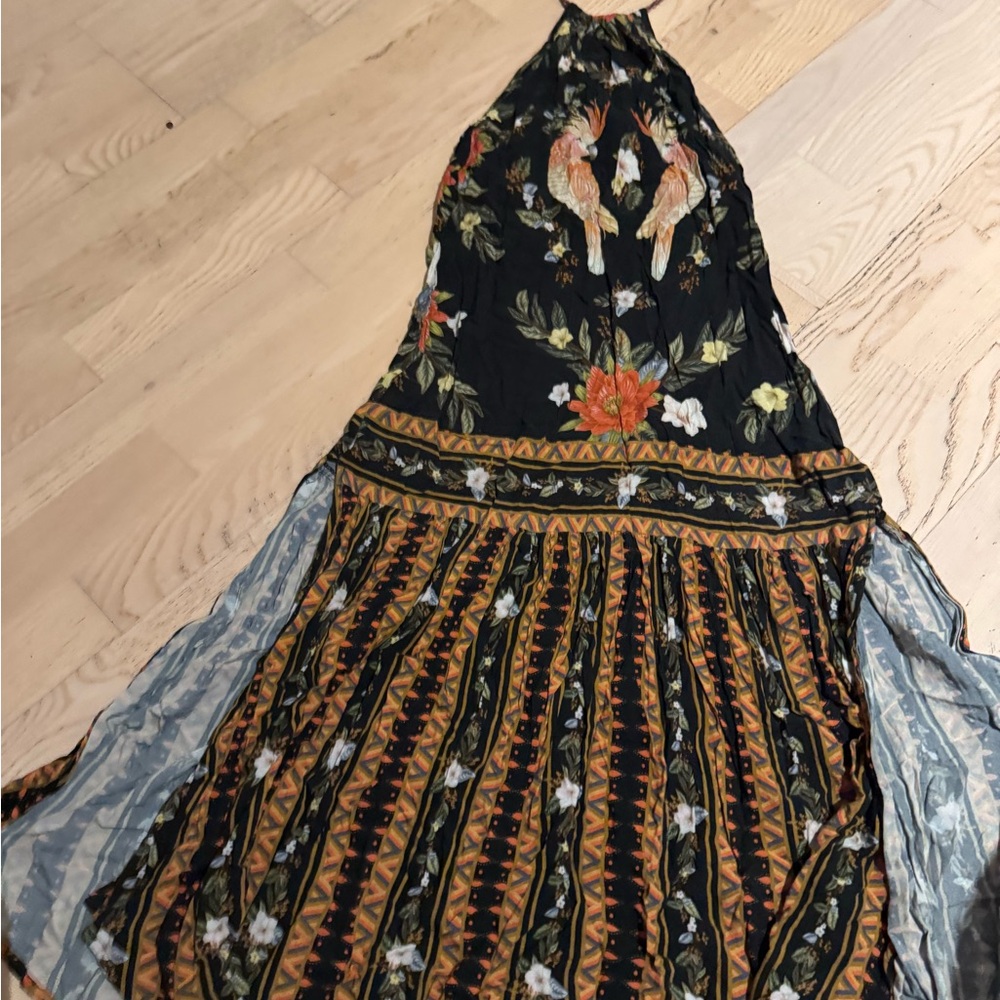 Floral Halter Maxi Dress in Black with Orange Accents - Picture 2 of 6